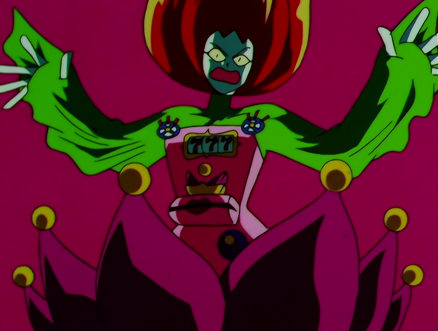 It’s JaraJara Jou again, and this time the reels on her chest are unambiguously displaying three 7s, so that’s an improvement. Now we can see more of her body, including the mouth-like coin dispenser for the slot machine, located on her abdomen. She’s surrounded by a giant skirt of upturned magenta petals with gold balls on the tips.
